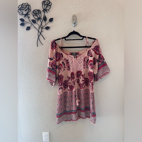 Angie Long Blouse Pink Lace Front Tie Crocheted Tassels Boho Western Small - Picture 1 of 7